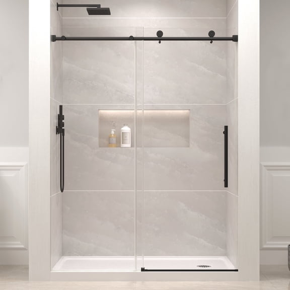 KPUY 43" - 48" x 76" Frameless Sliding Shower Door with 1/4'' Clear Tempered Glass 6mm, Explosion-Proof Film Nano Coating, Stainless Steel Hardware, Soft Close, Matte Black
