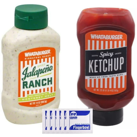 Whataburger Signature Sauce 2-PACK Bundle, One (1) 14 fl oz Whataburger Spicy Jalapeno Ranch Sauce, One (1) 20 fl oz Whataburger Spicy Ketchup, & Six (6) Wet Wipe Towelettes
