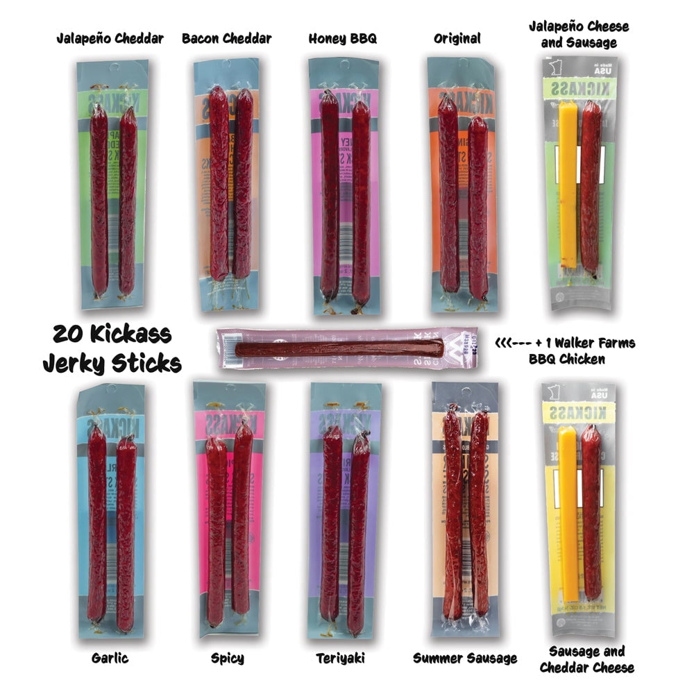 The LakeHouse Kickass Beef Jerky Stick Sampler - 21 Jerky Meat and Cheese Sticks - 13 Flavors Including 1 Free Bonus Walker Farms BBQ Chicken Stick - Gluten Free, Keto Friendly