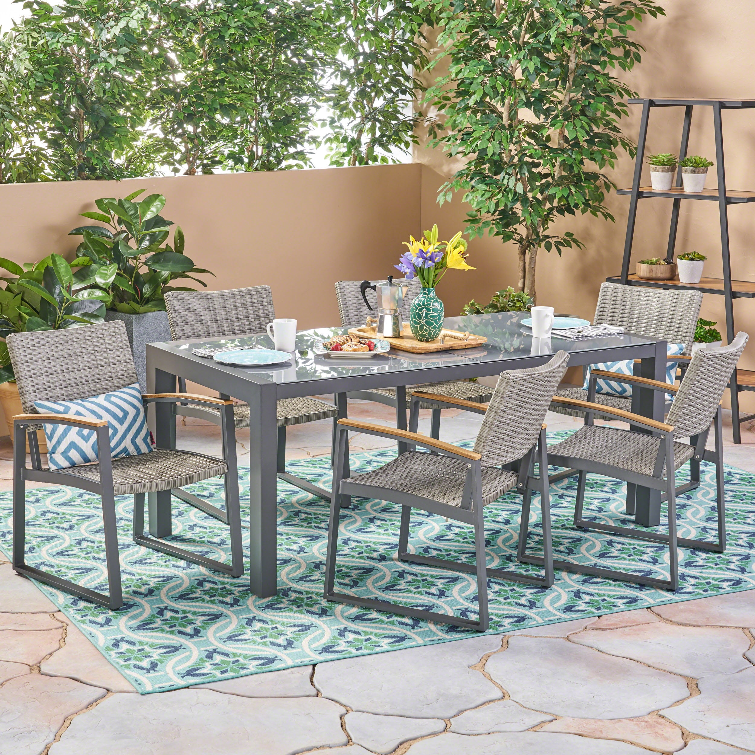 Crane Outdoor 7 Piece Aluminum and Wicker Dining Set with Glass Table ...