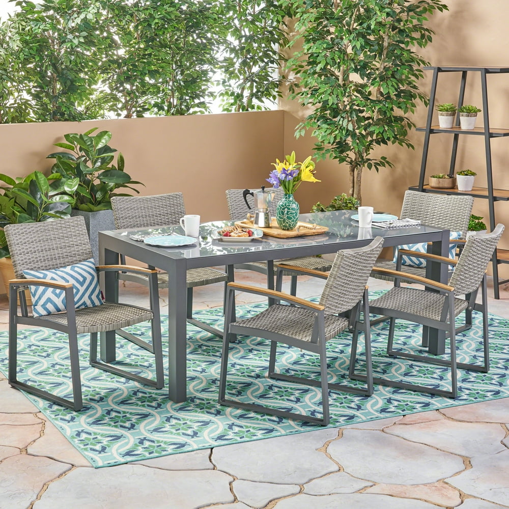 Crane Outdoor 7 Piece Aluminum and Wicker Dining Set with Glass Table