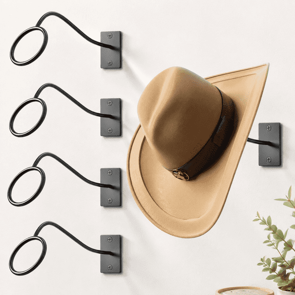 Coat & Hat Racks – 4-Pack Western Cowboy Hat Wall Mount, Rustic Metal Hanger for Fedora, Sun & Wide-Brim Hats, Entryway & Bedroom
