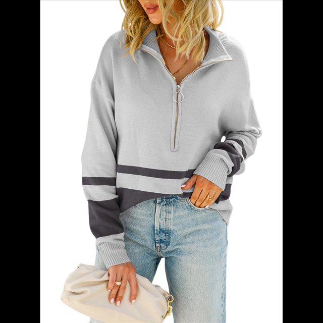 Suéter de Punto para Mujer, Suéter Extragrande con Media Cremallera y Larga, Sudadera con Capucha y Cremallera de un Cuarto, Otoño Gris S