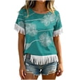 thumbnail image 2 of Uootdi Cute Summer Tops Crew Neck Short Sleeve Fringe Trim Cuff And Hem Line Floral All Over Print Soft Knit Boho Tops for Women Relaxed Fit Soft Wrinkle Resistant Womens Tees, 2 of 6