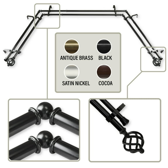 Roman 13/16 inch Bay Window Double Curtain Rod 20"-36", 38"-72" - Black