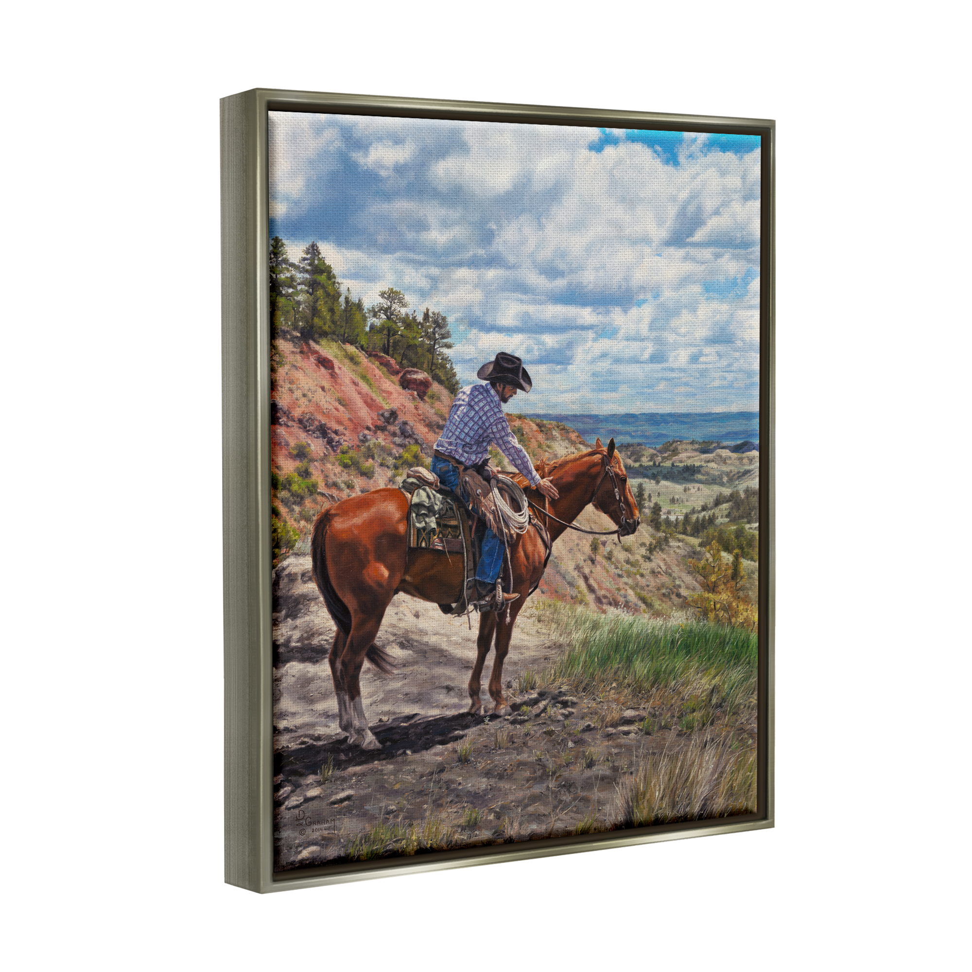 Stupell Industries Cowboy in Ocean Landscape Animals & Insects Painting Gray Floater Framed Art Print Wall Art, 25 x 31