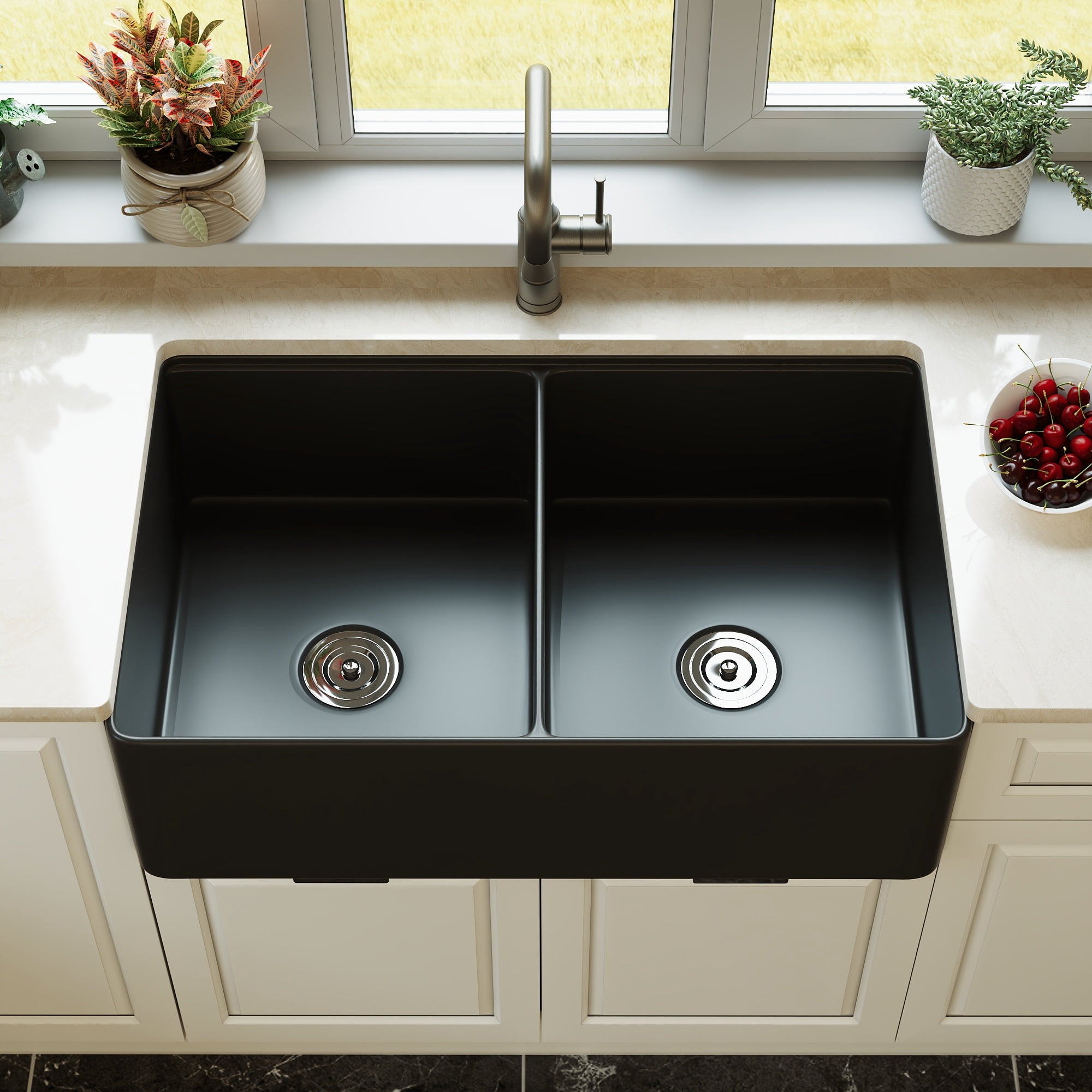 33" L X 20" W Double Basin Workstation Farmhouse Kitchen Sink With Sink Grid, Cutting Board And Dish-Drying Rack  DV-1K0068B
