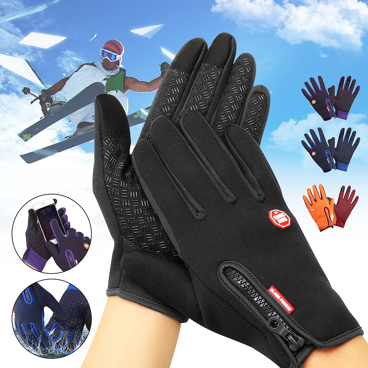 Men/'s Outdoor Winter Ski Warm PU Leather Gloves Touch Screen Driving Cycling