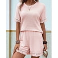 thumbnail image 5 of Womens Fringe Trim Textured Short Two Piece Set Waffle Tops and Short Sets Pink L, 5 of 6