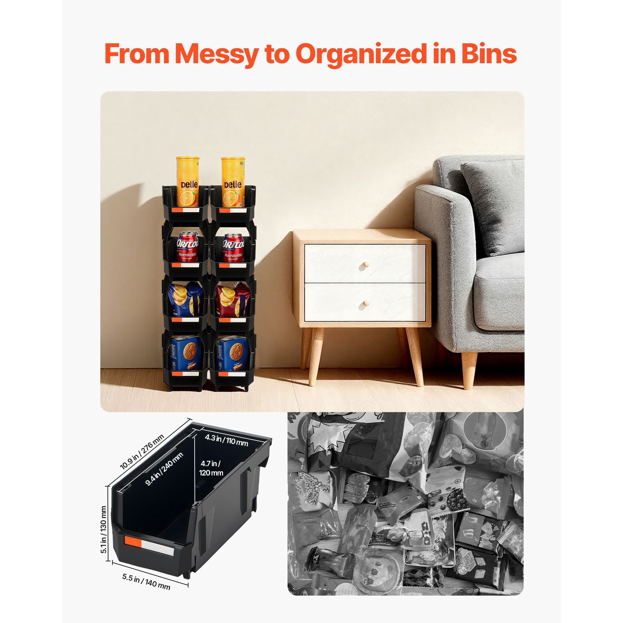 8-Pack Plastic Stackable Storage Bins 10.9"x5.5"x5.1", Black, PP Material, Front-Open Design, Label Stickers, for Closet Garage Office