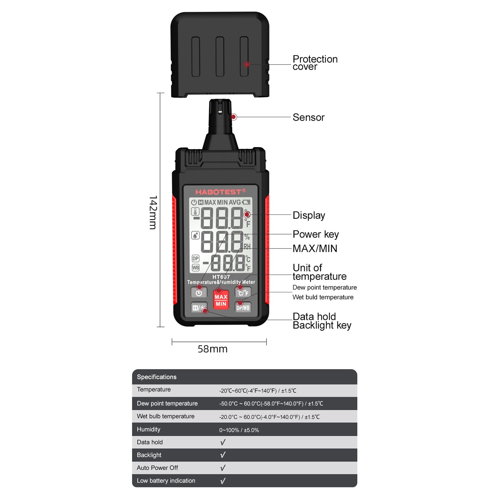 HABOTEST hygrothermograph,Handheld Temperature LCD Thermometer Wet Humidity Meter LCD Dew Point Temperature Leeofty Temperature Huty Meter Temperature Huity Max/Min/Data ERYUE dsfen