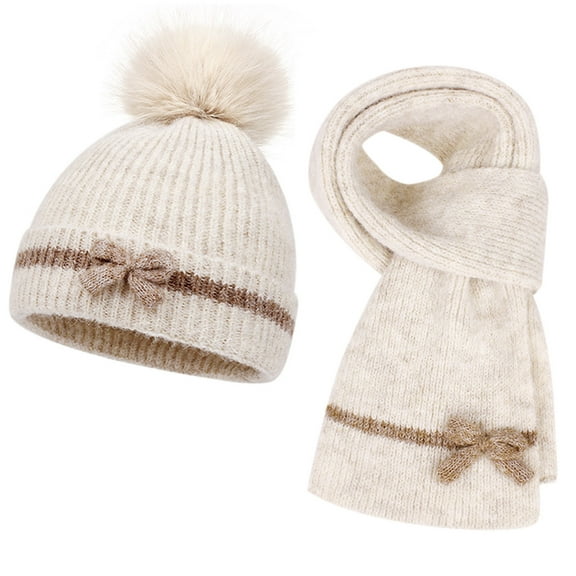 NAISIBABY Girls Winter Beanie and Scarf Set, Soft Warm Scarf Cute Knit Cap with Earflap Kids Windproof Thermal 2-Piece Beige 2-6T