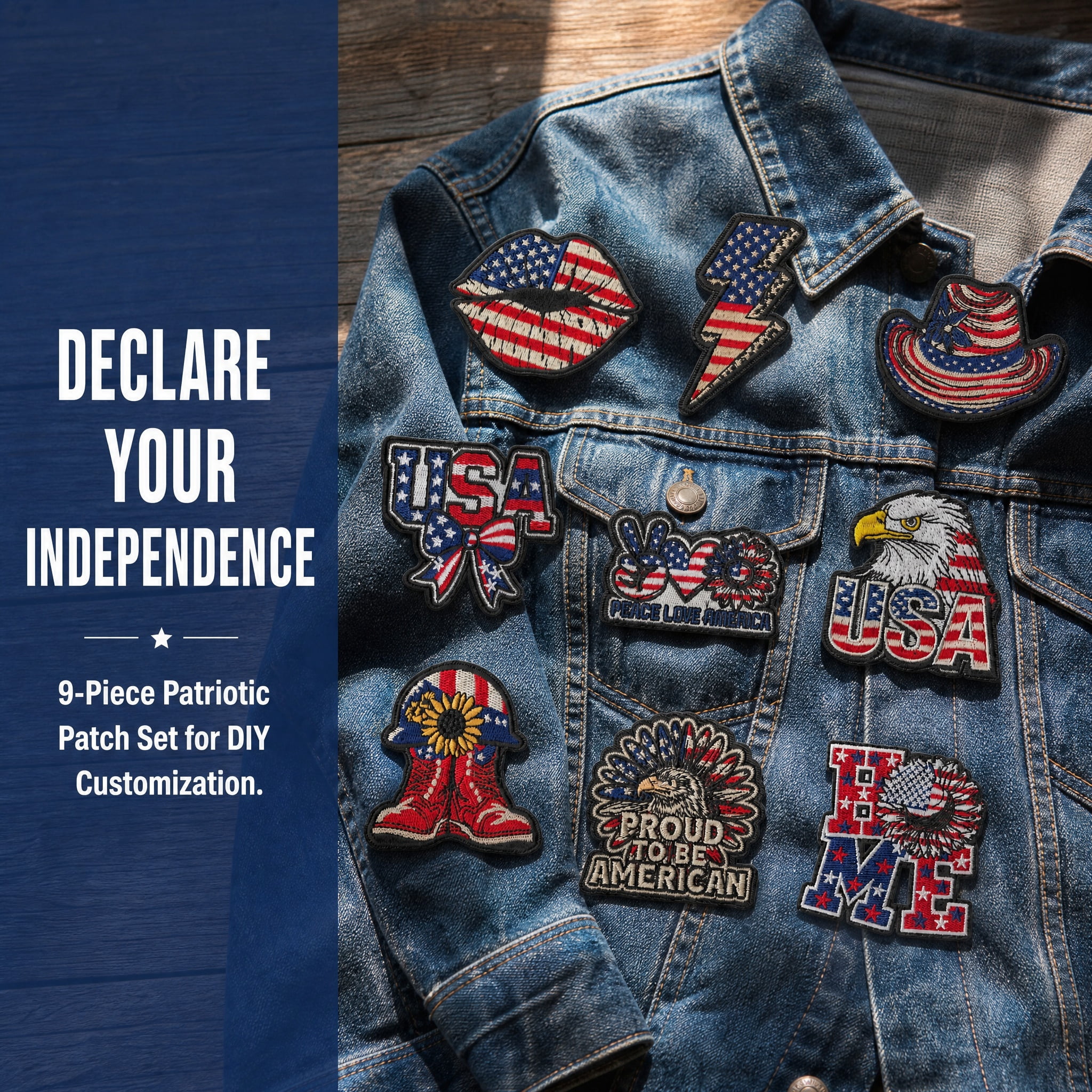 9 Pcs 4th of July Patriotic Iron On Patches, USA American Flag Embroidered Sew On Patches Set, Independence Day Decorative Patches for Clothes Jackets Hats Backpacks Jeans