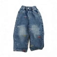thumbnail image 4 of Girl jeans Baggy Wide Leg Elastic Waist Cargo Trousers Denim Pants with Pockets Cute Pants for Girls Size 9-10 Years, JN1-Grey2, 4 of 4