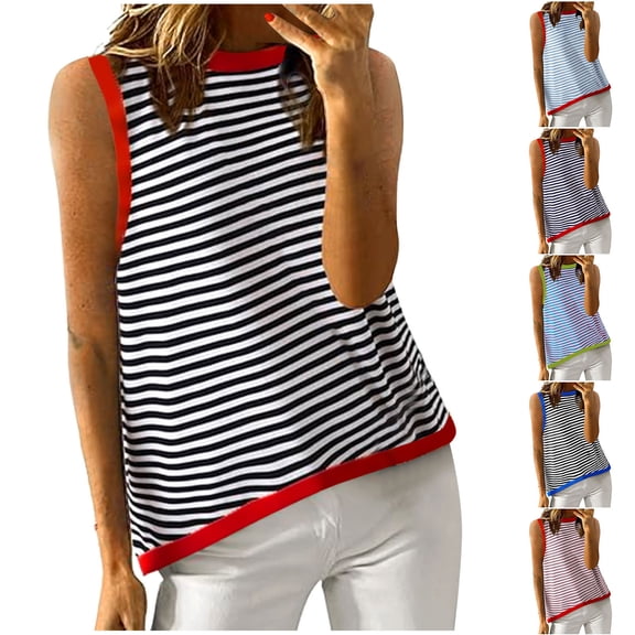Women's Summer Striped Color Block Tank Top Sleeveless Shirt Blouse Loose Fit Casual Breathable Beach Vacation Fashion | CSEONE,Black L