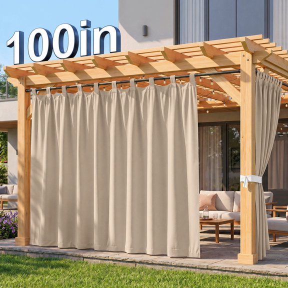 Lapalife Outdoor Curtain for Patio Waterproof Extra Wide, Tap Top Blackout Curtain Thermal Insulated Drapes, 1 Panel, 100''x 84'', Beige