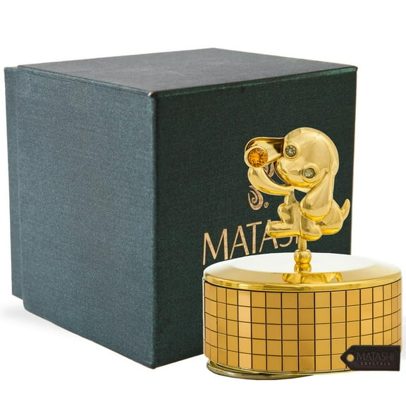 Matashi 24K Gold Plated Puppy Dog Music Box plays Memory Gold Tabletop Ornament with Crystals Showpiece Centerpiece for Home Bedroom Living Room Decor Gift for Musician Christmas New Year Holiday