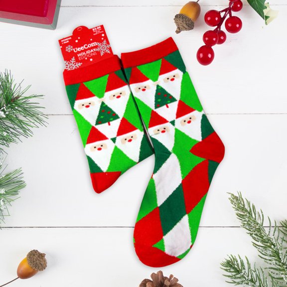 1‑PairRunning SocksMulticolorHoliday‑printed Cotton Mid‑calf SocksWomen‘s Grip Socks