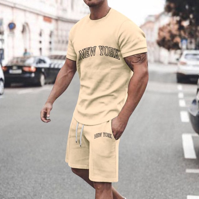 WILLBEST Conjunto de Dos Piezas Informal de Verano para Hombre, con Estampado de Letras, Cuello Redondo, Manga Corta, Pantalones Cortos y Pantalones Cortos, Conjunto de Dos Piezas Holgado y Moderno.