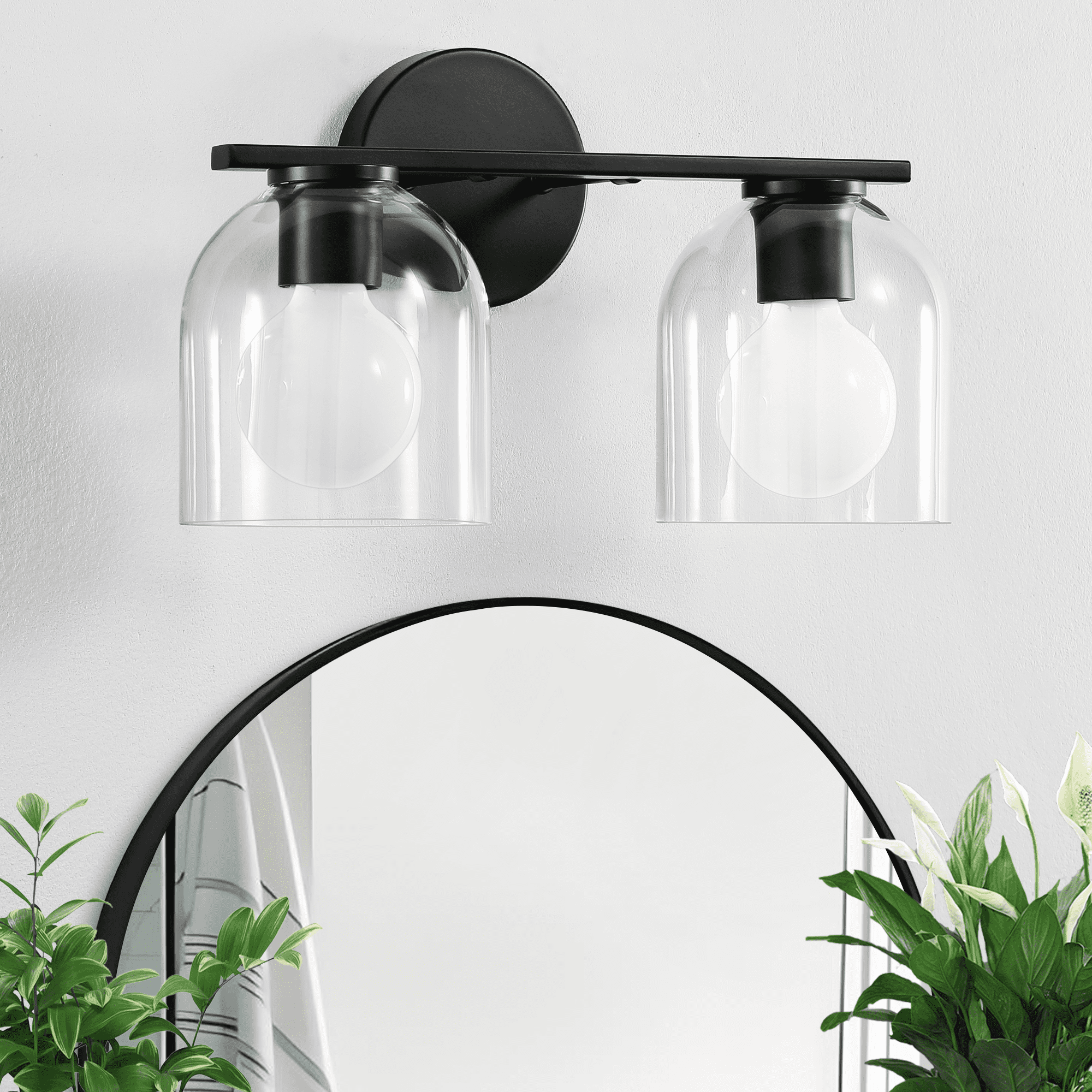 Modern Bathroom Light Fixtures, 2 Light Vanity Lights Over Mirror, Black Wall Lamp with Clear Glass Shade for Living Room Cabinet Bedroom Porch