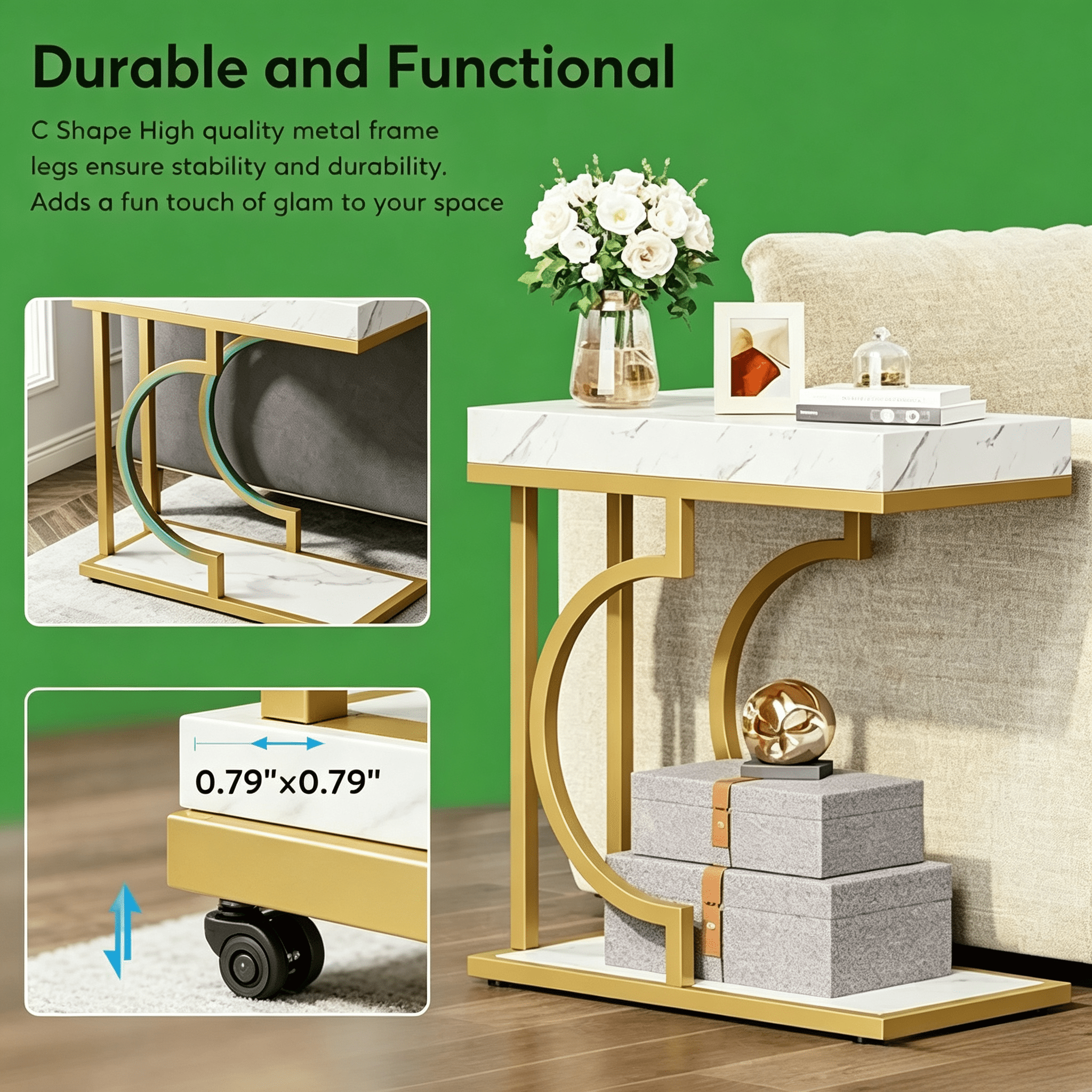 Farmhouse C Table, Semicircular Frame, Sturdy Metal & Particle Board for Living Room/Bedroom/Small Spaces