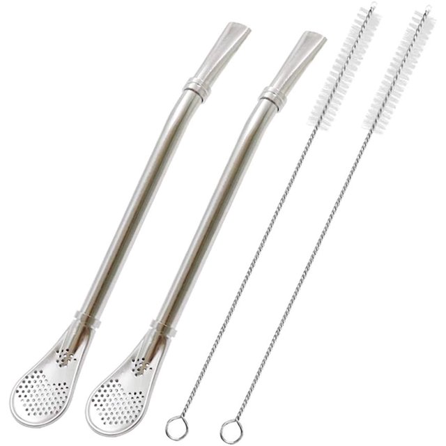 Paquete de 2 pajitas de acero inoxidable con cuchara filtrante, para té helado, cóctel, con 2 cepillos de limpieza (plateado)