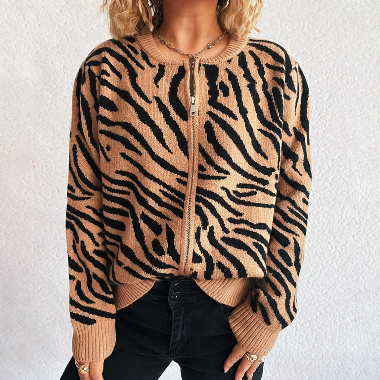 Uootdi Women's Zebra Print Cardigan Sweater Full Zip Up Knit Uootdi Women's Zebra Print Cardigan Sweater Full Zip Up Knit