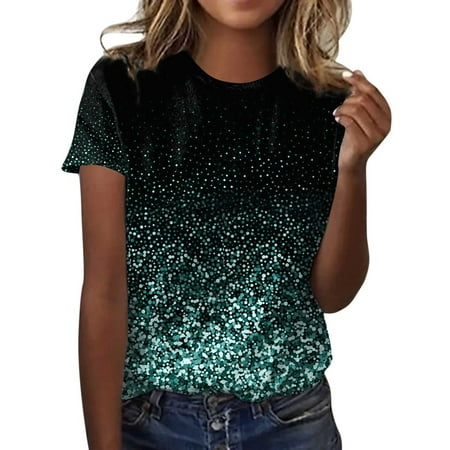 Plus Size Summer Clothes for Women Fashion Casual Ggradient Sequin Print Round Neck Loose T Shirt Top Ladies Workout Tees Womens Casual V Neck Shirts Long Sleeve Top Cool Green XL