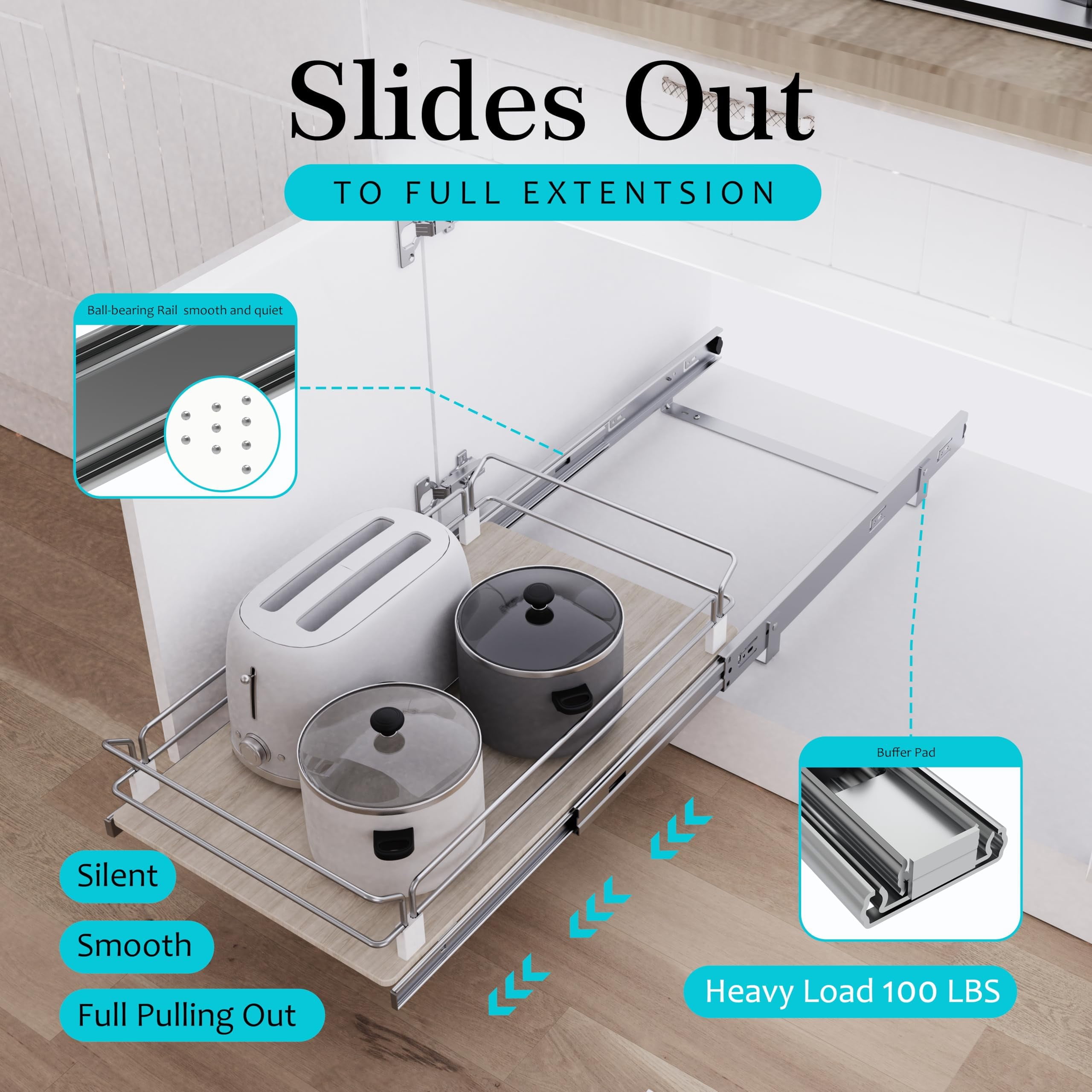 STORKING Pull Out Cabinet Organizer 11" W x 22" D, Slide Out Drawers For Kitchen Organizers and Storage, Drawers For Cabinets Capacity Heavy Duty Caddy, Cabinet Shelves Wood Chrome, Pantry Storage