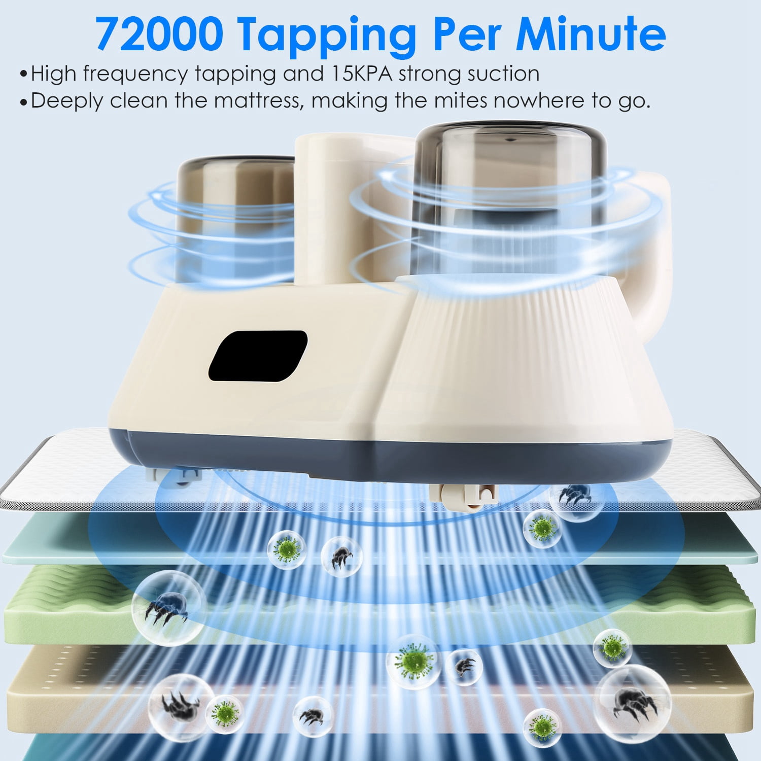 72000 Times/Min Tapping Mattress Vacuum Cleaner with UV-C Sanitizing Light, 9000PA & 15000PA Dual Suction Cordless Dust Mite Remover with Double Dust Cup