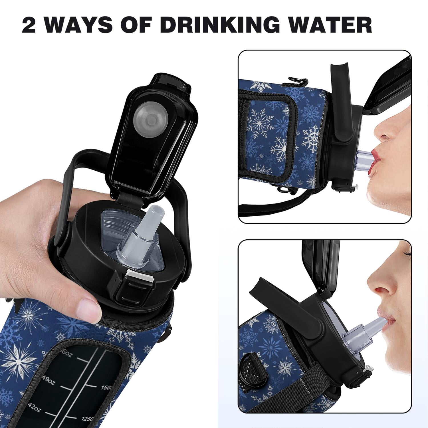 Christmas Snowflake 64 Oz Half Gallon Water Bottle with Sleeve - BPA Free Leakproof Sport Large Plastic Water Bottle with Straw&Time Marker&Insulated Neoprene Holder Carrier Gift for Women Men