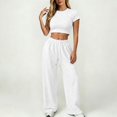 thumbnail image 2 of TZZQ Womens 2 Piece Matching Lounge Sets Slim Fit Short Sleeve Scoop Neck Crop Tops Low Rise Drawstring Baggy Wide Leg Pants with Pockets Stretchy Fitted Sets Basic Going Out Outfits White L, 2 of 3