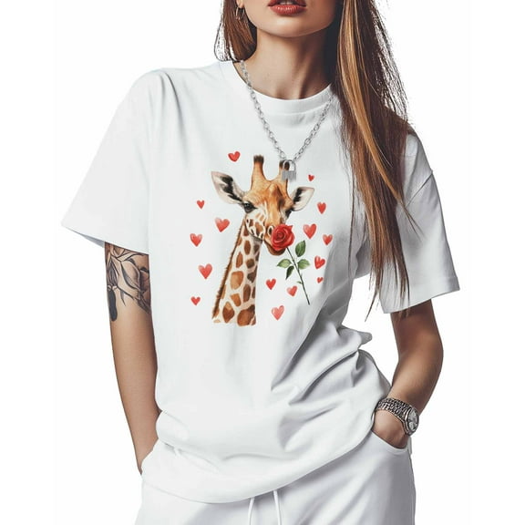 T Shirts for Women Short Sleeve Cotton Crewneck T-Shirt, Giraffe Rose Flower Heart Tee Tops Casual Basic T-Shirts, XS-5XL White L