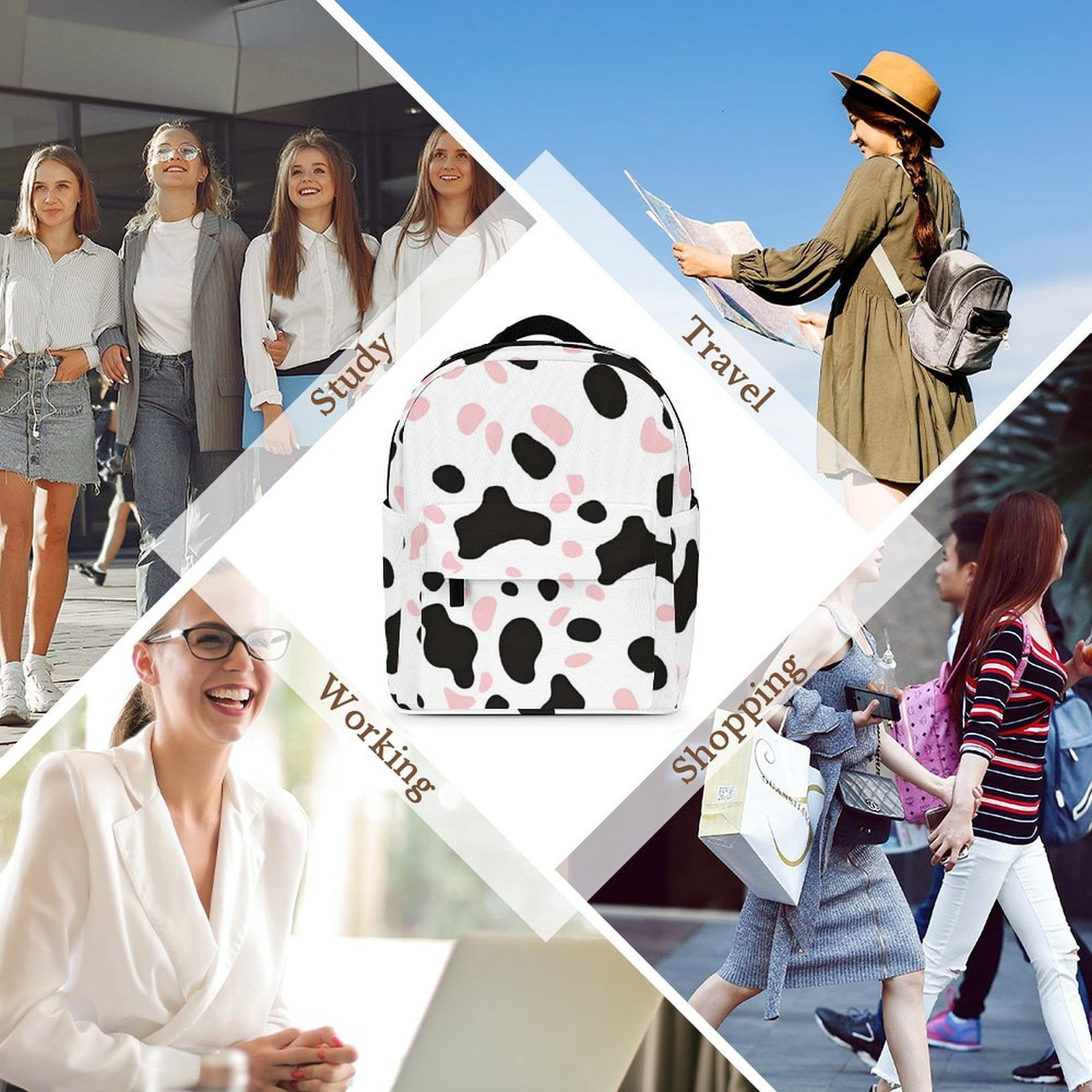 8.1×10in Casual Women'S Backpack With Anti-Contraction And Stretch For Sports Activities Travel Picnics Simple Cow Print Pattern White Background, Pink And White_1