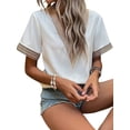 thumbnail image 3 of Txlixc Tops sueltos para mujer, manga corta, cuello en V, informal, fiesta, club, primavera, verano, patchwork Txlixc  Casual, 3 of 7