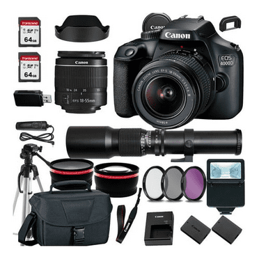 Canon EOS 4000D/Rebel T100 DSLR Camera w/Canon EF-S 18-55mm F/3.5-5.6 Zoom Lens 500mm f/8.0 Telephoto Lens case 128Memory Cards (24PC)