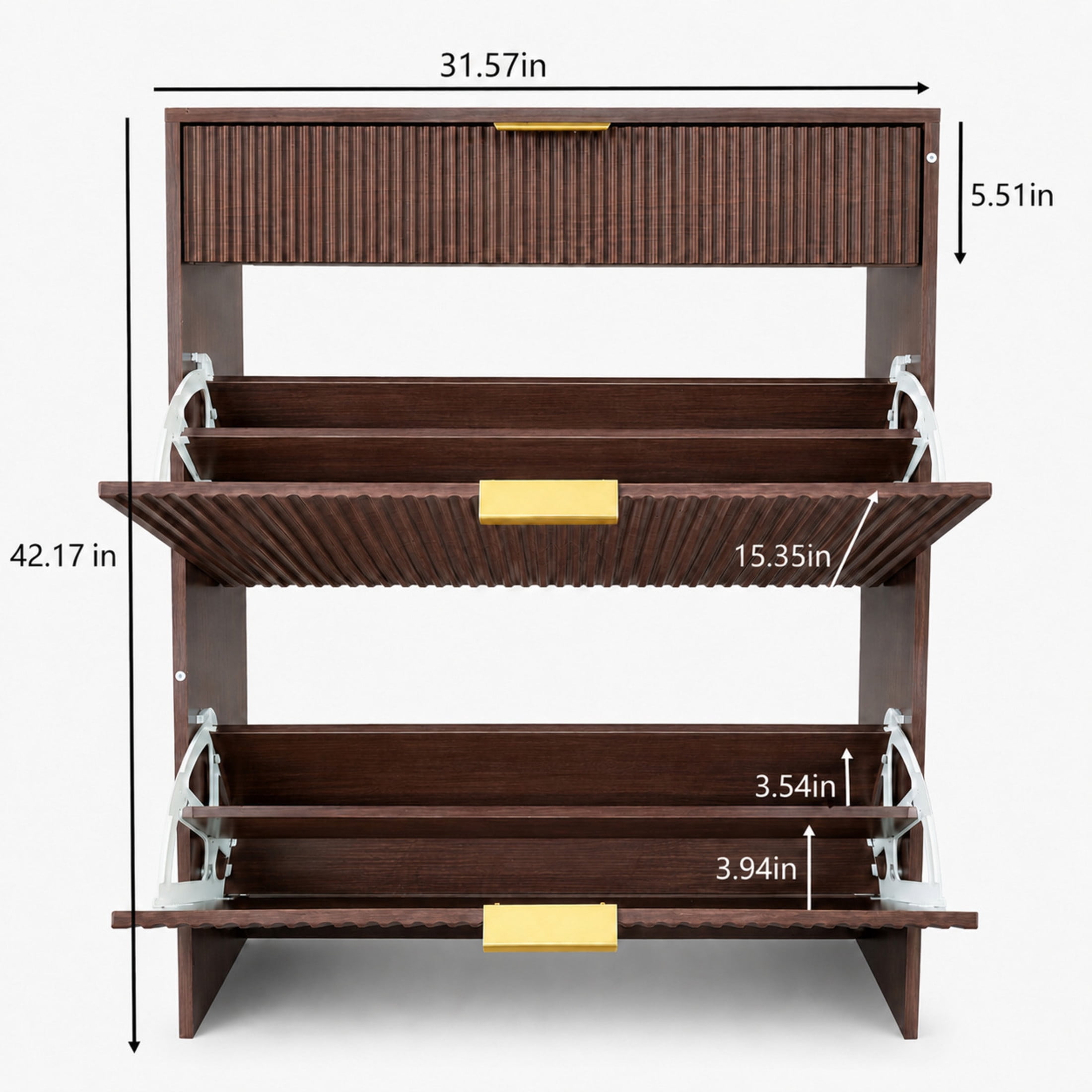 GDF Studio Solus Narrow Fluted Shoe Storage Cabinet with Gold Pull Handles, Modern Slim Hallway Organizer, Walnut