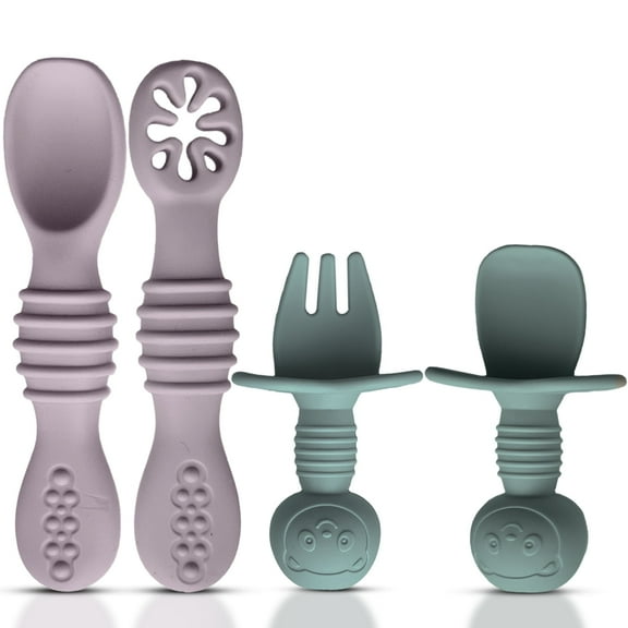 HippoBaby 4pc Silicone Baby Utensils Set, Self-Feeding Spoons & Fork for 6-12 Months, Toddler Essentials (Light pink/Green)
