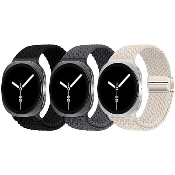3‑Pack Magnetic Braided Nylon Bands for Samsung Galaxy Watch 9 8 40mm 44mm / Watch 8 Classic 46mm, One‑Click No‑Gap Elastic Stretchy Fabric Sport Replacement Strap for Men & Women