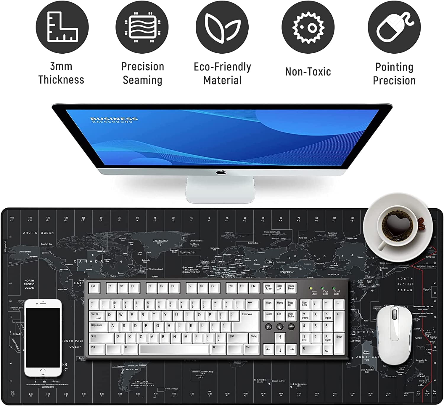 Extended Speed Gaming Mouse Pad Large Size 35.4 X 15.7X 0.12inches Desk Mat Mousepad with Personalized Design - World Map