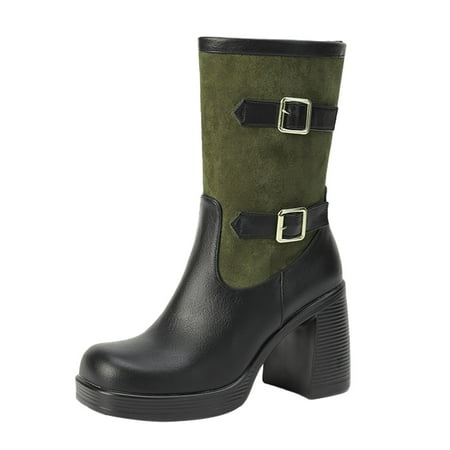DVKOVI Women Casual Shoes Cowboy Boots for Women Mid Calf Autumn and Winter Women s Boots Belt Buckle Thick High Heel Personalized Women s Mid Calf Boots High Heel Boots for Women Green 40