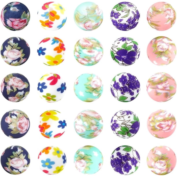 1 caja de 30 cuentas de silicona con 5 estilos de estampado floral, 15 mm, multicolor, camelia, violeta, flor de cerezo, flores de primavera.