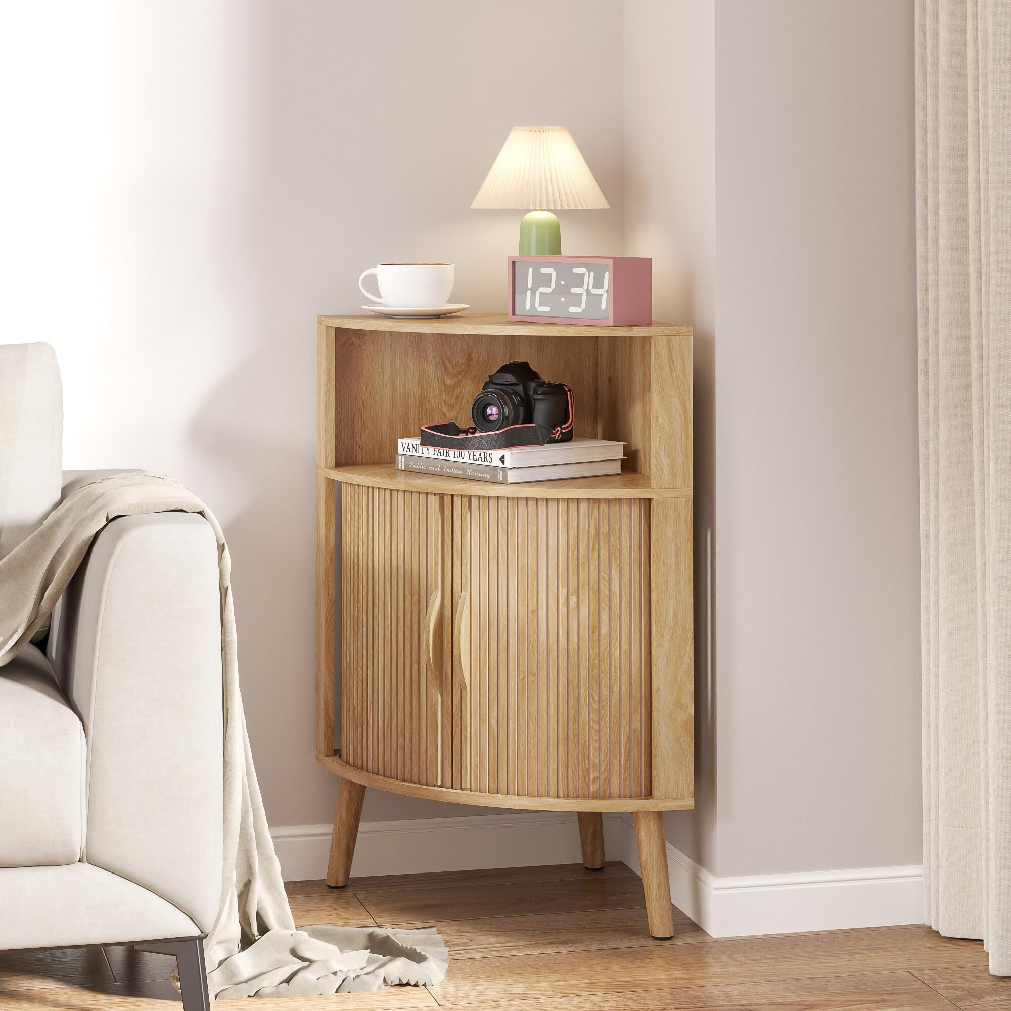 Bathroom Storage Cabinet, 31.5" Narrow Floor Corner Storage Cabinet with Fluted Doors & Shelves, Wood