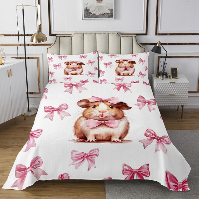Erosebridal Cartoon Guinea Pig Coverlet Set Queen, Pink Bow-tie Bedding Set, Cute Hamster Decor 3pcs