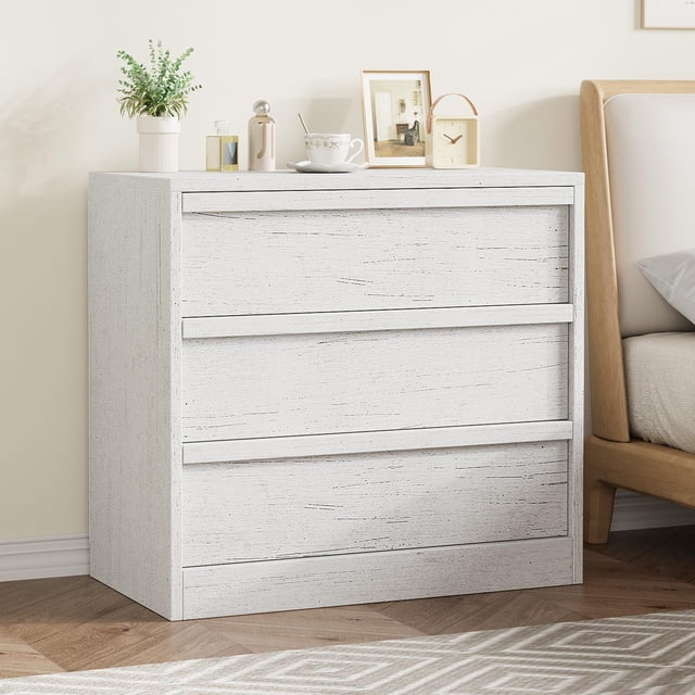 QinaQin Buró blanco de 3 cajones, mesa auxiliar moderna con cajones amplios y sistema antivuelco, ideal para recámara o sala