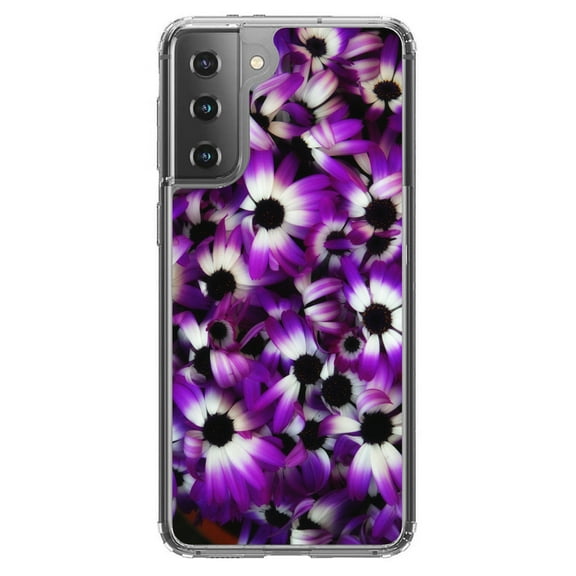 DistinctInk Clear Shockproof Hybrid Case for Galaxy S21  PLUS 5G (6.7" Screen) - TPU Bumper, Acrylic Back, Tempered Glass Screen Protector - Purple White Black Flowers