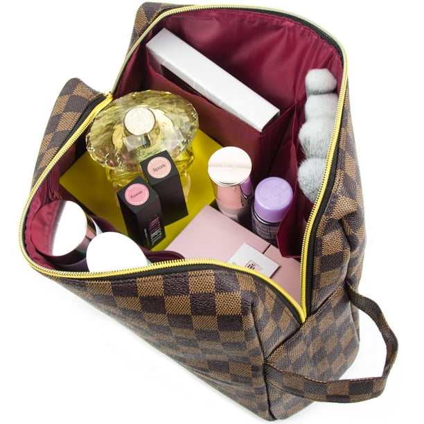 LUXOURIA Travel Brown Checkered Makeup Bag Luxury Desing Cosmetics Bag