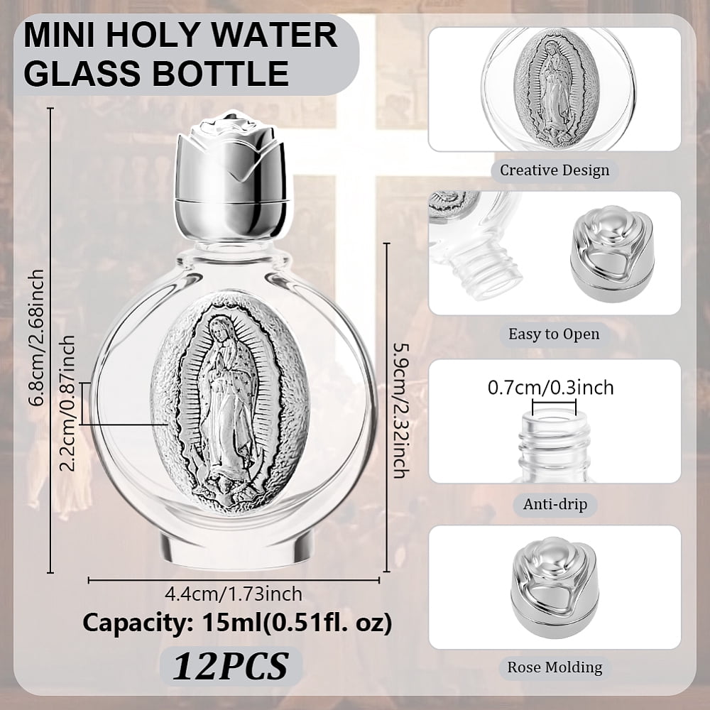 12 Pcs Holy Water Bottles 0.5 Floz Embossed Portable Empty Glass Travel Bottles with Lid Little Bottle Church Decorations Antique Silver