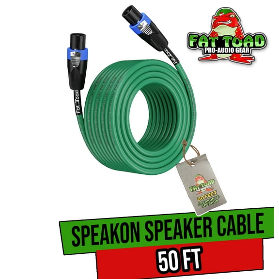 Fat Toad Speakon Cable - 50 ft Professional Pro Audio Green Speaker PA Cord with Twist Lock Connector - 12 AWG Wire for Impeccable Studio Recording & Stage Performance Gear