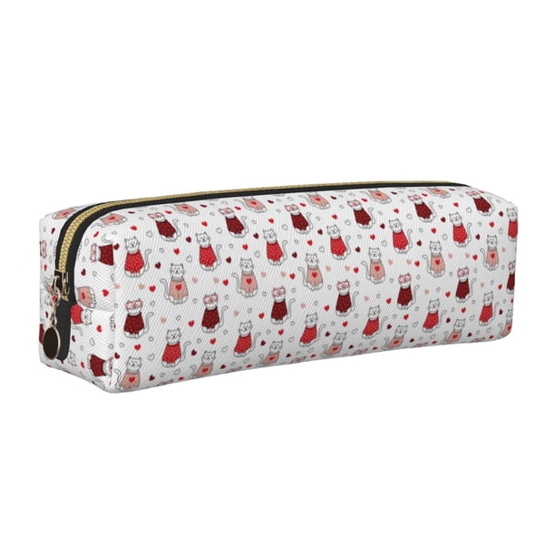 Fotbe cute cat hearts Estuche para Lápices de Cuero con Estampado, Estuche con Cremallera Resistente, Organizador Compacto y Elegante para Papelería